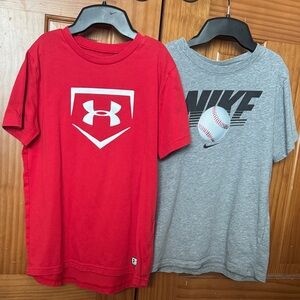 2 Pack Lot Boys Youth Baseball T Shirts Nike Under Armour Red Gray Medium